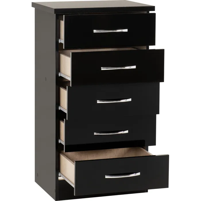 Nevada 5 Drawer Narrow Chest - Black  Gl | Murphy Furniture