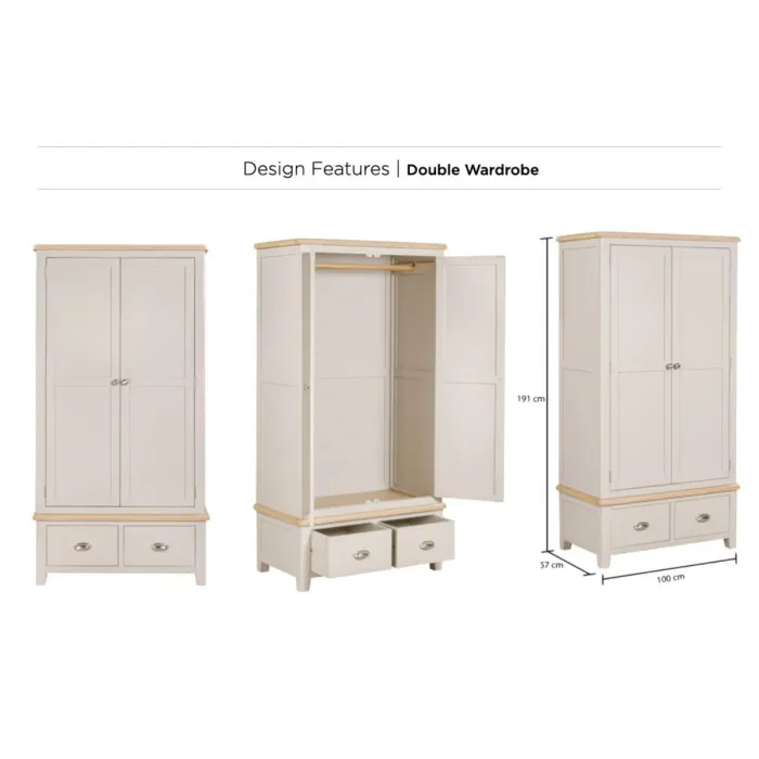 Windermere Double Wardrobe with 2 Drawers - Oyster Grey