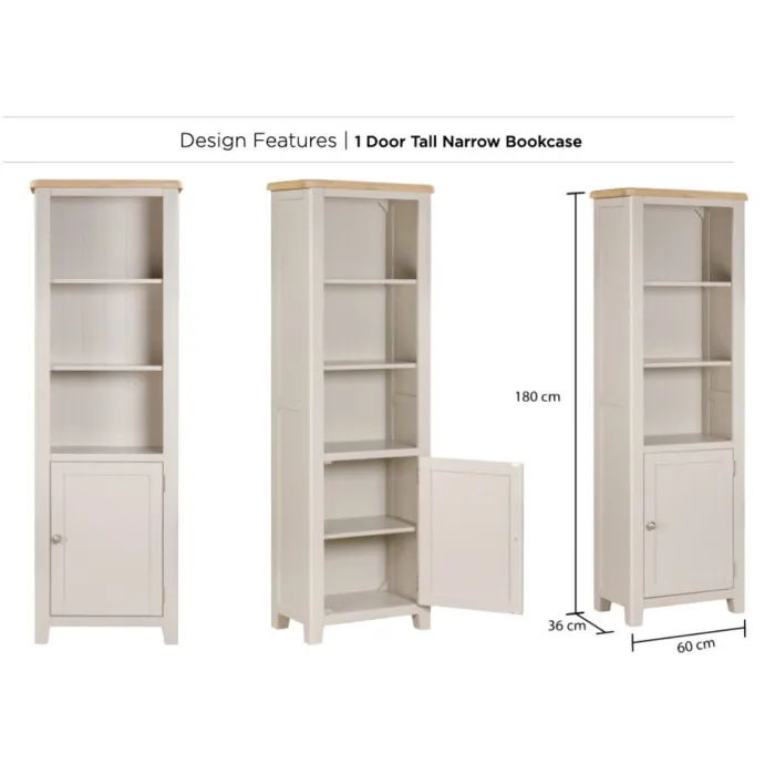 Windermere 1 Door Tall Narrow Bookcase - Oyster Grey