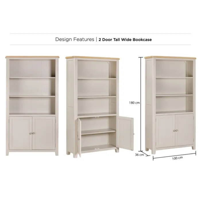 Windermere 2 Door Tall Wide Bookcase - Oyster Grey