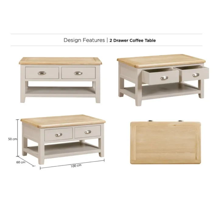 Windermere 2 Drawer Coffee Table - Oyster Grey