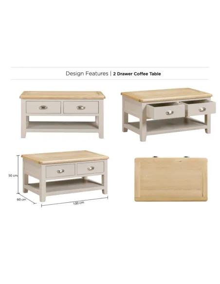 Windermere 2 Drawer Coffee Table - Oyster Grey