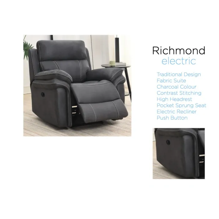 Richmond Electric Recliner Armchair - Charcoal Grey