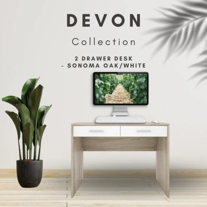 Devon 2 Drawer Desk - Sonoma Oak/White | Murphy Furniture