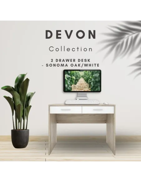 Devon 2 Drawer Desk - Sonoma Oak/White | Murphy Furniture